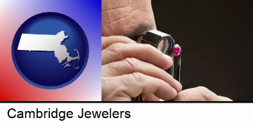 a jeweler examining a jewel in Cambridge, MA