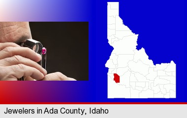 a jeweler examining a jewel; Ada County highlighted in red on a map