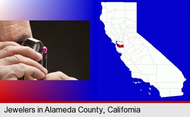 a jeweler examining a jewel; Alameda County highlighted in red on a map