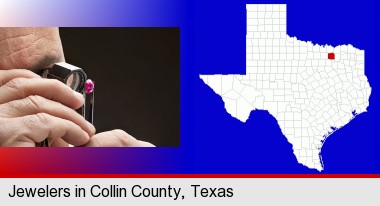 a jeweler examining a jewel; Collin County highlighted in red on a map