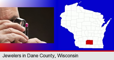 a jeweler examining a jewel; Dane County highlighted in red on a map