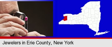 a jeweler examining a jewel; Erie County highlighted in red on a map