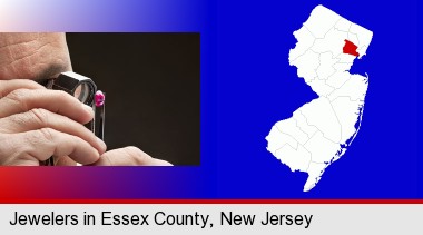 a jeweler examining a jewel; Essex County highlighted in red on a map