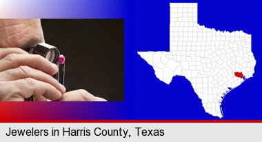a jeweler examining a jewel; Harris County highlighted in red on a map
