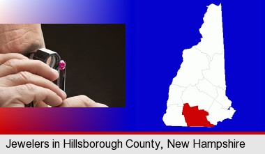 a jeweler examining a jewel; Hillsborough County highlighted in red on a map