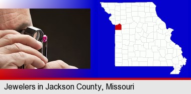 a jeweler examining a jewel; Jackson County highlighted in red on a map