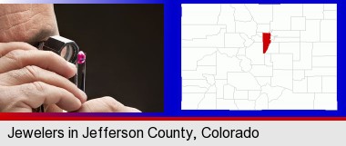 a jeweler examining a jewel; Jefferson County highlighted in red on a map