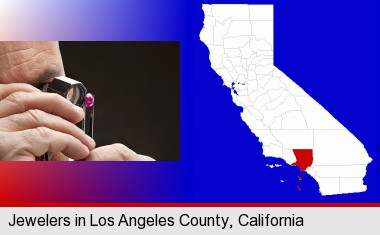 a jeweler examining a jewel; Los Angeles County highlighted in red on a map