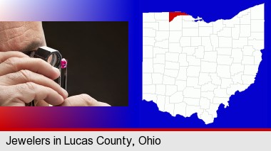 a jeweler examining a jewel; Lucas County highlighted in red on a map