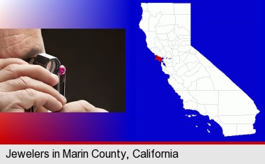 a jeweler examining a jewel; Marin County highlighted in red on a map