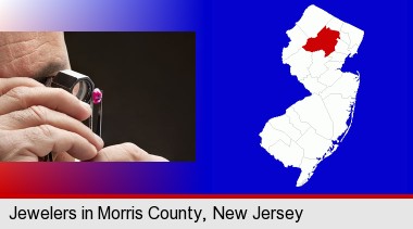 a jeweler examining a jewel; Morris County highlighted in red on a map