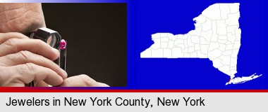 a jeweler examining a jewel; New York County highlighted in red on a map