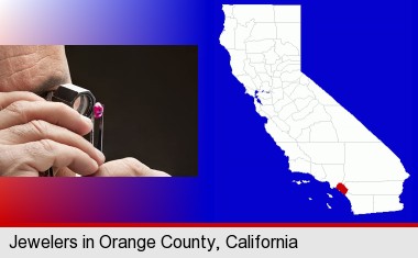 a jeweler examining a jewel; Orange County highlighted in red on a map