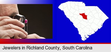 a jeweler examining a jewel; Richland County highlighted in red on a map