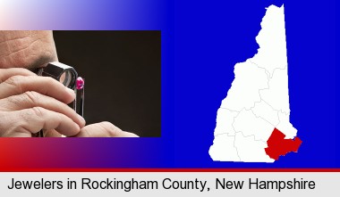 a jeweler examining a jewel; Rockingham County highlighted in red on a map