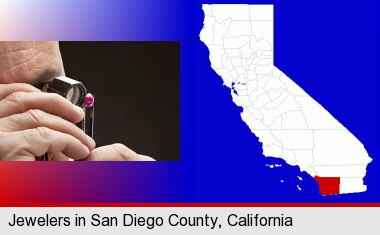 a jeweler examining a jewel; San Diego County highlighted in red on a map