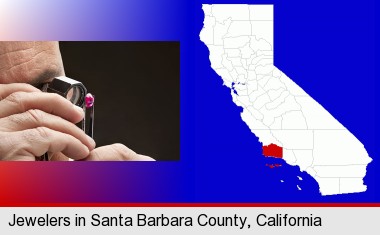 a jeweler examining a jewel; Santa Barbara County highlighted in red on a map