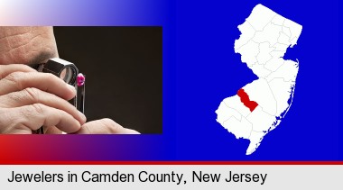 a jeweler examining a jewel; Camden County highlighted in red on a map