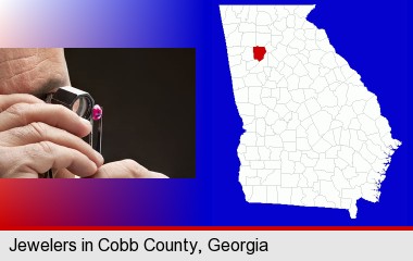 a jeweler examining a jewel; Cobb County highlighted in red on a map
