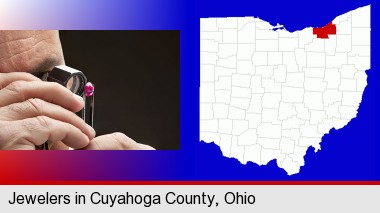 a jeweler examining a jewel; Cuyahoga County highlighted in red on a map
