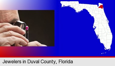 a jeweler examining a jewel; Duval County highlighted in red on a map