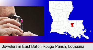 a jeweler examining a jewel; East Baton Rouge Parish highlighted in red on a map