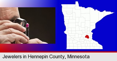 a jeweler examining a jewel; Hennepin County highlighted in red on a map