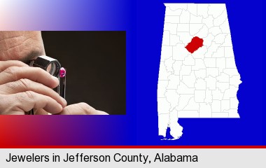 a jeweler examining a jewel; Jefferson County highlighted in red on a map
