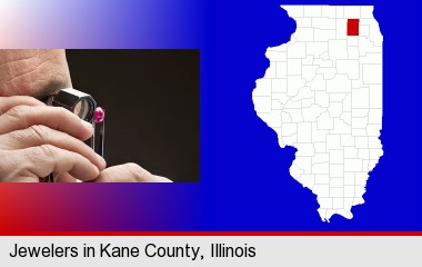 a jeweler examining a jewel; Kane County highlighted in red on a map