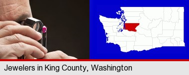 a jeweler examining a jewel; King County highlighted in red on a map