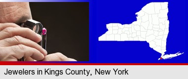 a jeweler examining a jewel; Kings County highlighted in red on a map