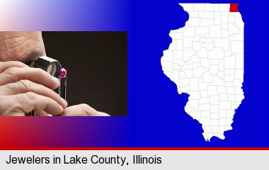 a jeweler examining a jewel; LaSalle County highlighted in red on a map