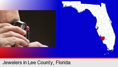 a jeweler examining a jewel; Lee County highlighted in red on a map