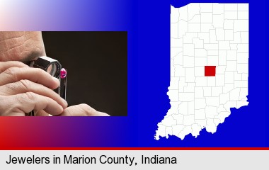 a jeweler examining a jewel; Marion County highlighted in red on a map