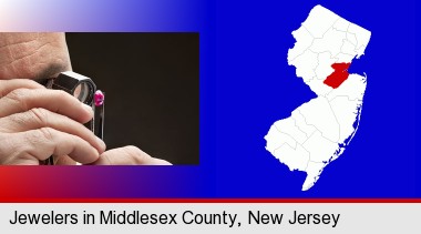 a jeweler examining a jewel; Middlesex County highlighted in red on a map