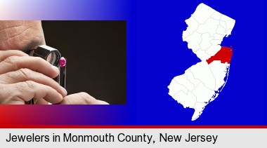 a jeweler examining a jewel; Monmouth County highlighted in red on a map