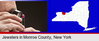 a jeweler examining a jewel; Monroe County highlighted in red on a map