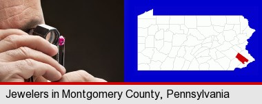 a jeweler examining a jewel; Montgomery County highlighted in red on a map