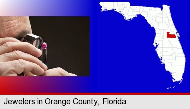 a jeweler examining a jewel; Orange County highlighted in red on a map