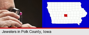 a jeweler examining a jewel; Polk County highlighted in red on a map