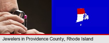 a jeweler examining a jewel; Providence County highlighted in red on a map