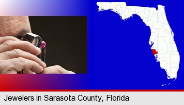 a jeweler examining a jewel; Sarasota County highlighted in red on a map