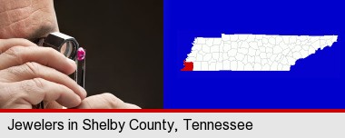 a jeweler examining a jewel; Shelby County highlighted in red on a map