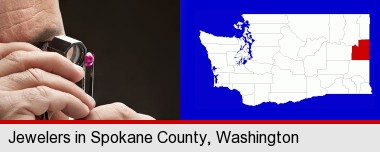 a jeweler examining a jewel; Spokane County highlighted in red on a map