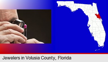 a jeweler examining a jewel; Volusia County highlighted in red on a map