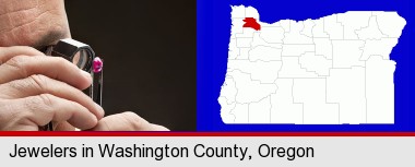 a jeweler examining a jewel; Washington County highlighted in red on a map