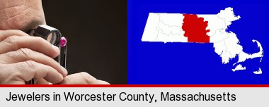 a jeweler examining a jewel; Worcester County highlighted in red on a map